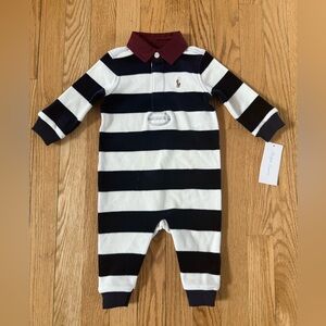 New Polo Ralph Lauren Baby Boy Size 9M Navy White Striped Velour Romper w/Collar